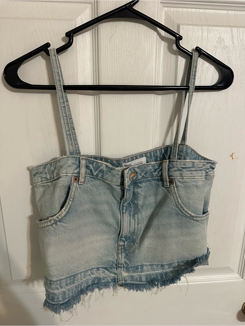 Zara Light Wash Denim Crop Tank with Frayed Hem
